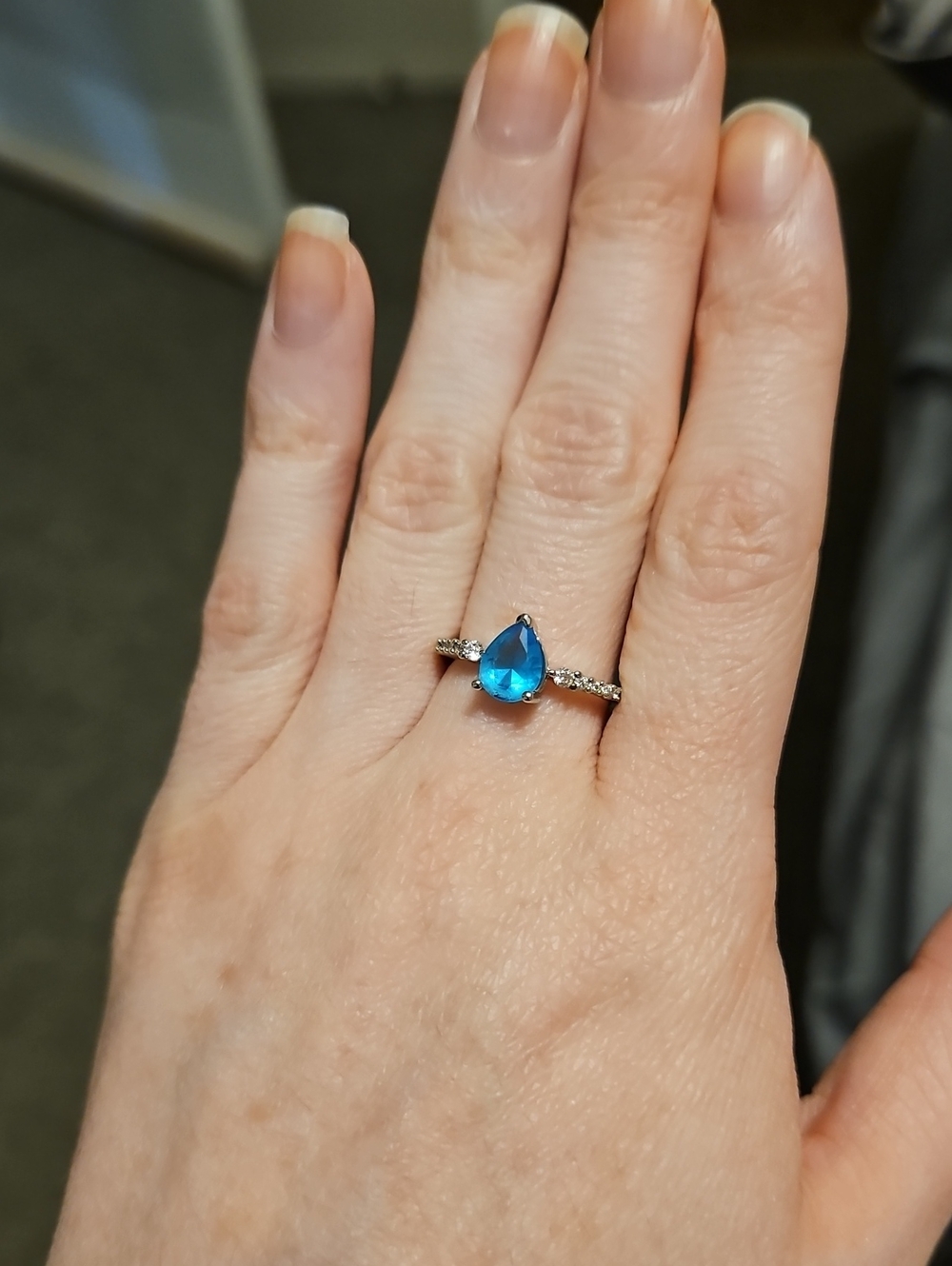 Sterling Silver Teardrop Blue Gemstone Ring with Pavé Band